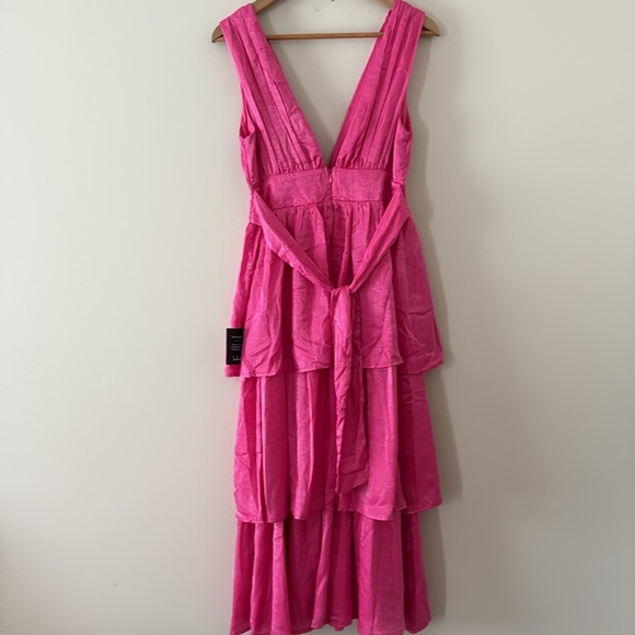 New Lulus Peak Party Vibe Hot Pink Satin Tiered Tie-Back Midi Dress Size S - Picture 7 of 13
